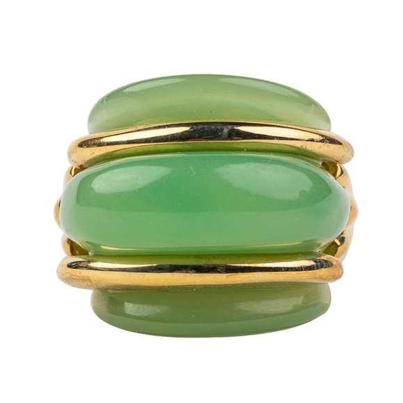 Kenneth Jay Lane, Gold and Jade Double Ribbed Ring - Picture 1 of 11